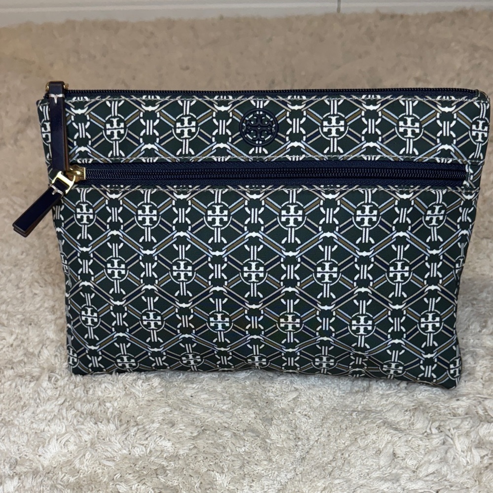 Tory Burch T Monogram Navy and White Jacquard Cosmetic Pouch